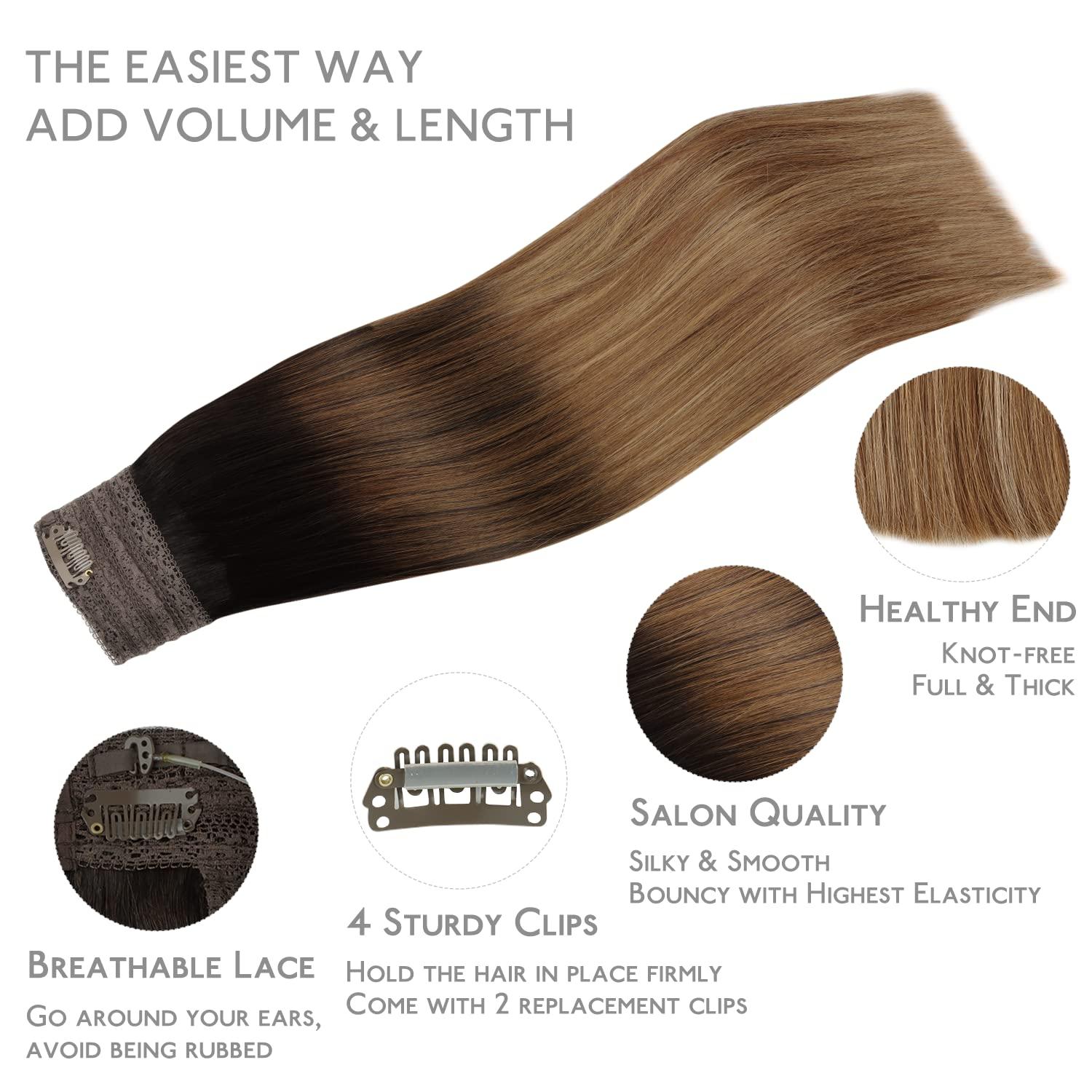 imageWENNALIFE Wire Hair Extensions Increase 50 Lifespan Real Human Hair 18 inch 95g Light Dark Brown Remy Wire Hair Extensions Invisible Transparent Fish Line Straight Real2618 Dark Brown to Chestnut Brown and Dirty Blonde Highlighted