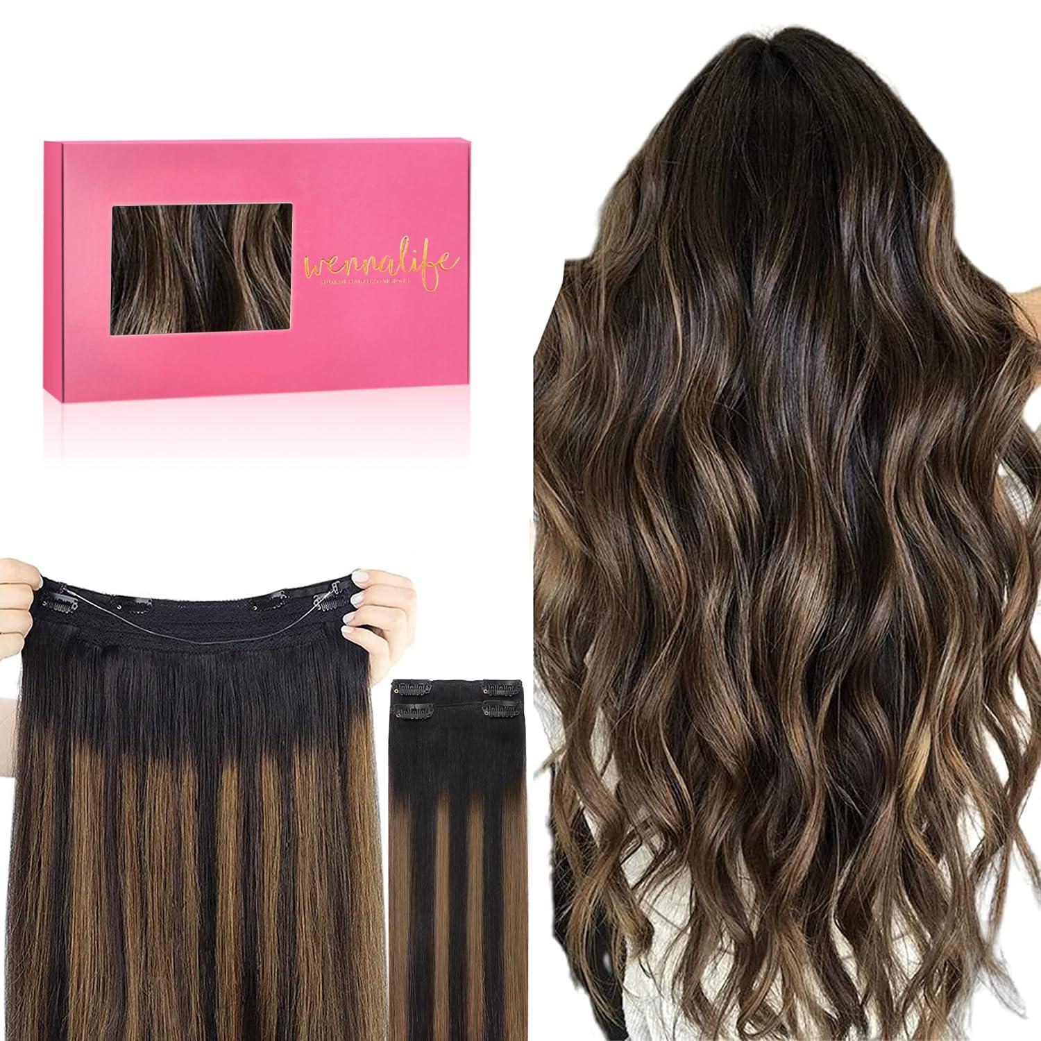imageWENNALIFE Wire Hair Extensions Increase 50 Lifespan Real Human Hair 18 inch 95g Light Dark Brown Remy Wire Hair Extensions Invisible Transparent Fish Line Straight Real1B61B Balayage Natural Black to Chestnut Brown