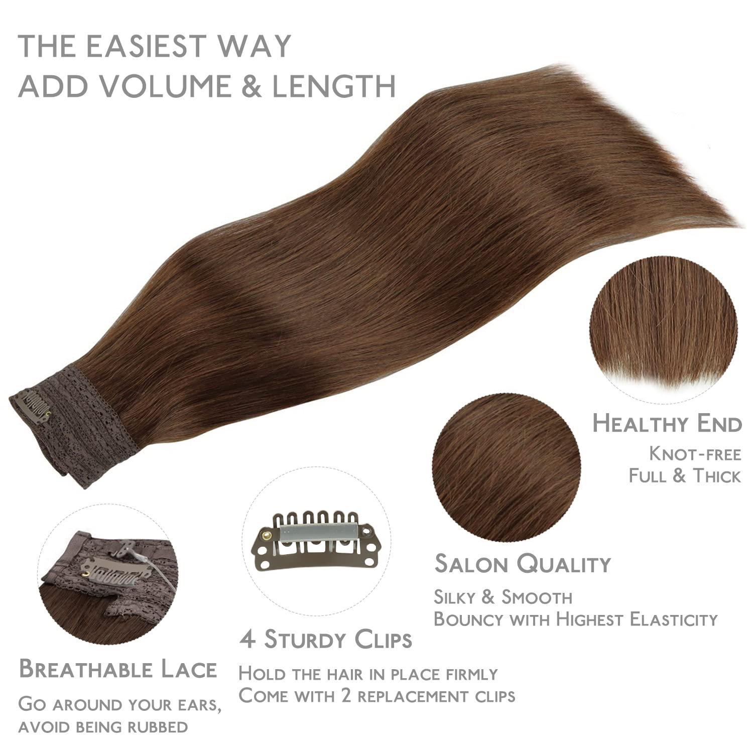 imageWENNALIFE Wire Hair Extensions Increase 50 Lifespan Real Human Hair 18 inch 95g Light Dark Brown Remy Wire Hair Extensions Invisible Transparent Fish Line Straight Real4 Chocolate Brown