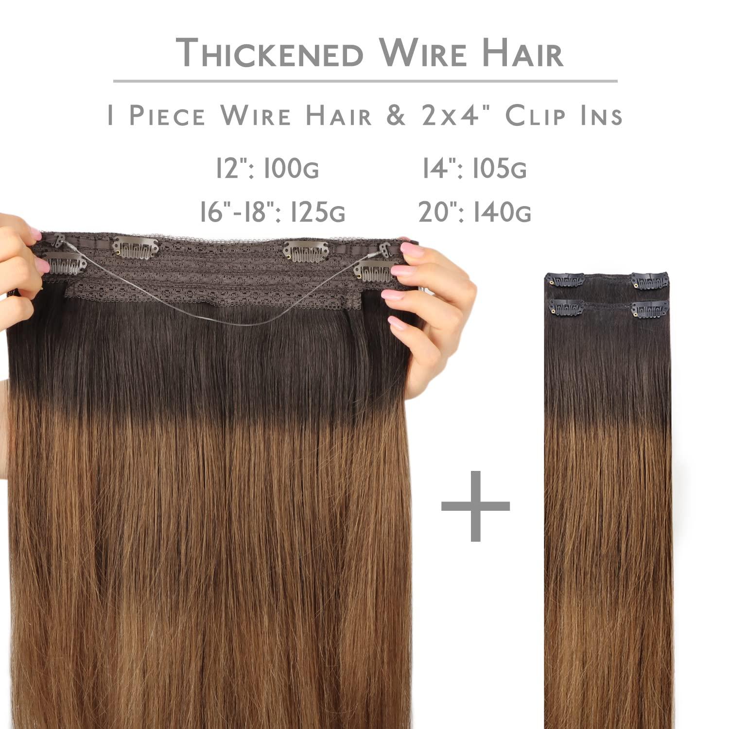 imageWENNALIFE Wire Hair Extensions Increase 50 Lifespan Real Human Hair 18 inch 95g Light Dark Brown Remy Wire Hair Extensions Invisible Transparent Fish Line Straight Real2618 Dark Brown to Chestnut Brown and Dirty Blonde Highlighted