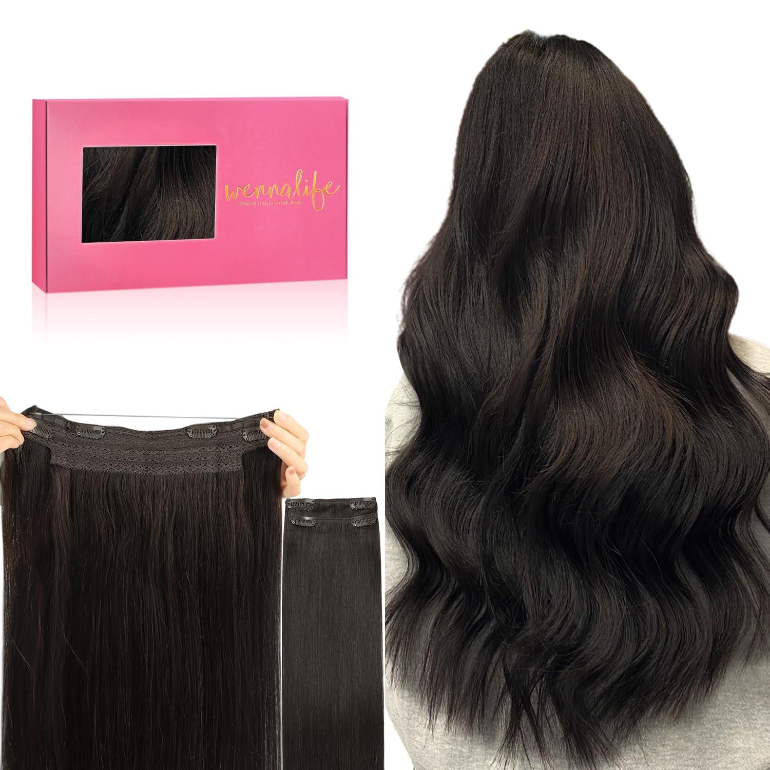 imageWENNALIFE Wire Hair Extensions Increase 50 Lifespan Real Human Hair 18 inch 95g Light Dark Brown Remy Wire Hair Extensions Invisible Transparent Fish Line Straight Real2 Dark Brown