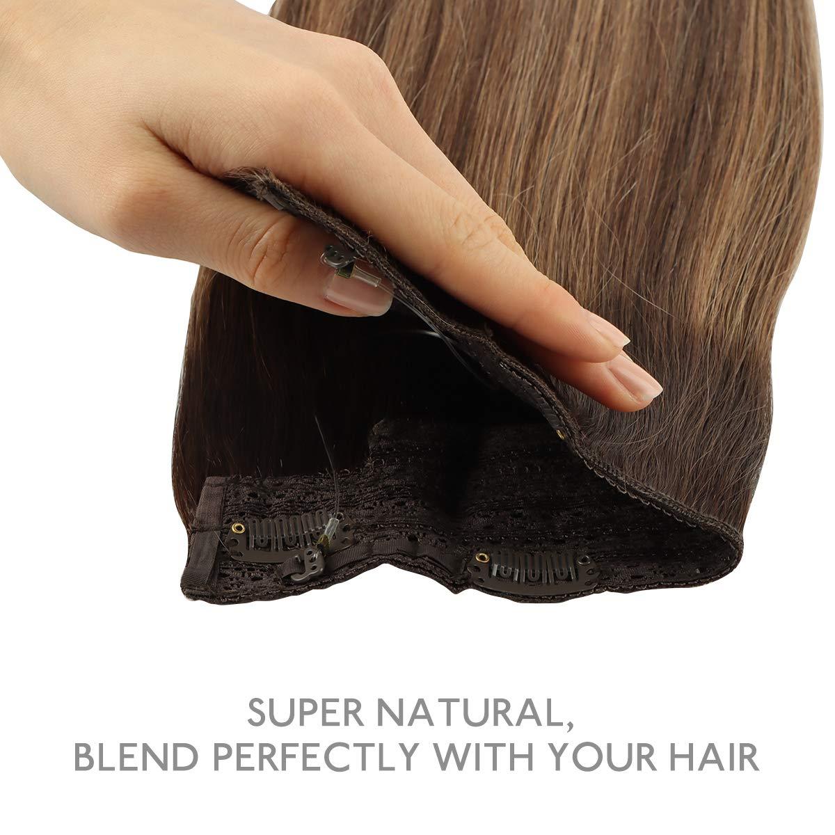 imageWENNALIFE Wire Hair Extensions Increase 50 Lifespan Real Human Hair 18 inch 95g Light Dark Brown Remy Wire Hair Extensions Invisible Transparent Fish Line Straight Real4274 Balayage Chocolate Brown to Caramel Blonde