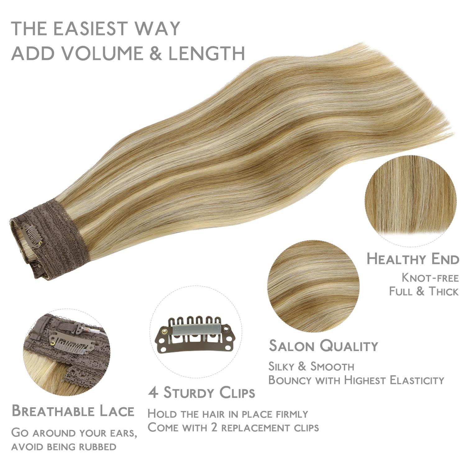 imageWENNALIFE Wire Hair Extensions Increase 50 Lifespan Real Human Hair 18 inch 95g Light Dark Brown Remy Wire Hair Extensions Invisible Transparent Fish Line Straight Real8B60B Ash Brown with Platinum Blonde Highlights