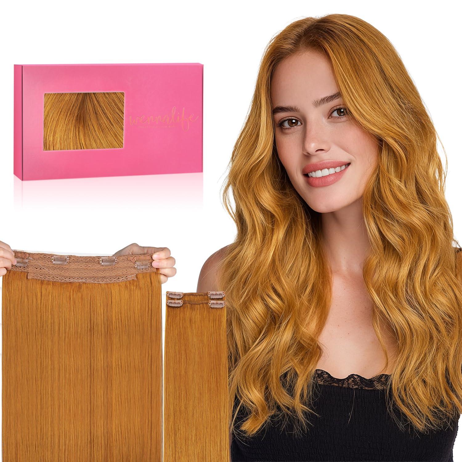 imageWENNALIFE Wire Hair Extensions Increase 50 Lifespan Real Human Hair 18 inch 95g Light Dark Brown Remy Wire Hair Extensions Invisible Transparent Fish Line Straight Real30 Auburn Ginger