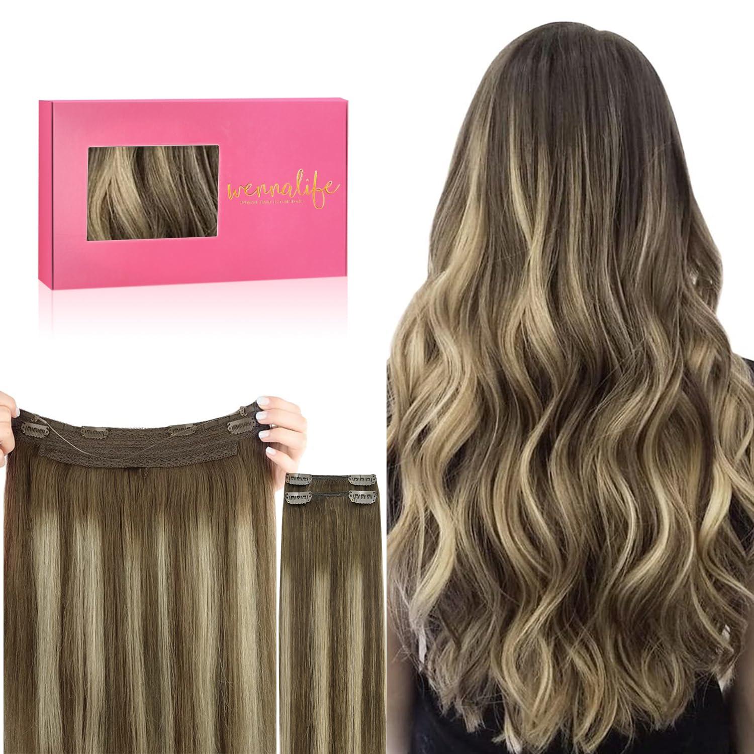 imageWENNALIFE Wire Hair Extensions Increase 50 Lifespan Real Human Hair 18 inch 95g Light Dark Brown Remy Wire Hair Extensions Invisible Transparent Fish Line Straight Real4264 Balayage Chocolate Brown to Honey Blonde