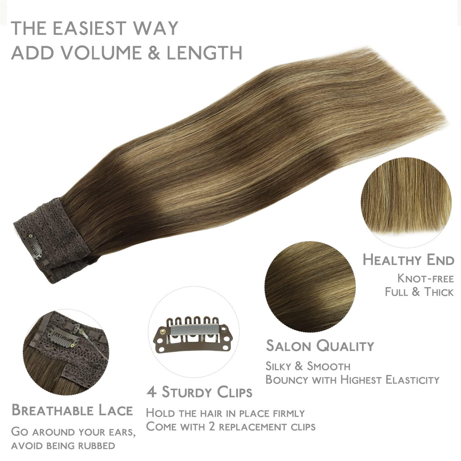 imageWENNALIFE Wire Hair Extensions Increase 50 Lifespan Real Human Hair 18 inch 95g Light Dark Brown Remy Wire Hair Extensions Invisible Transparent Fish Line Straight Real4274 Balayage Chocolate Brown to Caramel Blonde