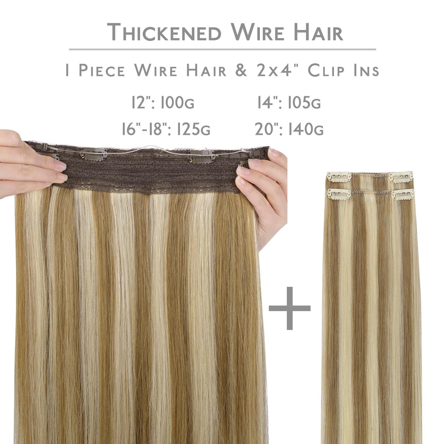 imageWENNALIFE Wire Hair Extensions Increase 50 Lifespan Real Human Hair 18 inch 95g Light Dark Brown Remy Wire Hair Extensions Invisible Transparent Fish Line Straight Real8B60B Ash Brown with Platinum Blonde Highlights