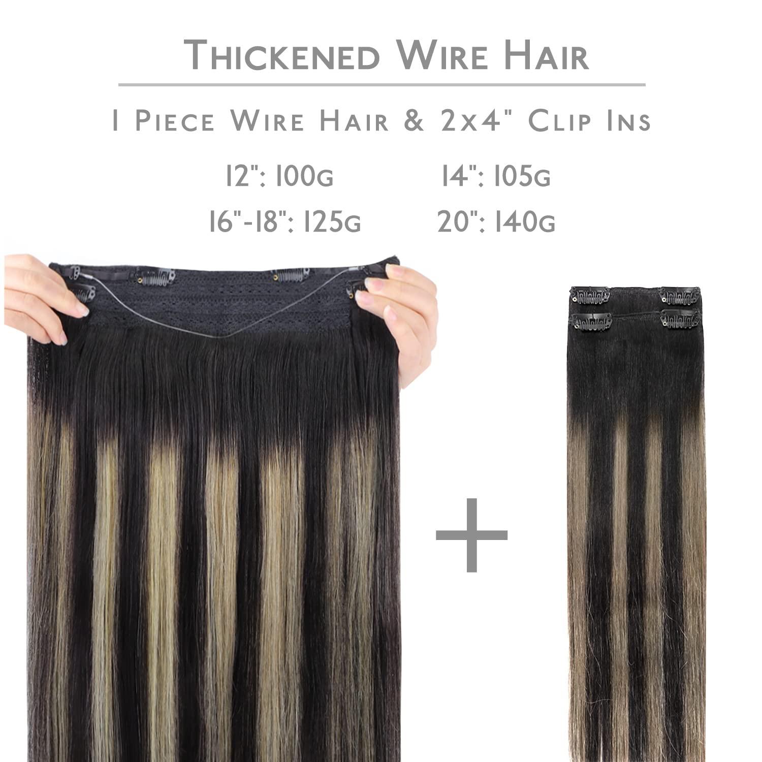 imageWENNALIFE Wire Hair Extensions Increase 50 Lifespan Real Human Hair 18 inch 95g Natural Black Chestnut Brown Remy Hair Extensions Invisible Transparent Wire Real1B161B Balayage Natural Black to Light Blonde