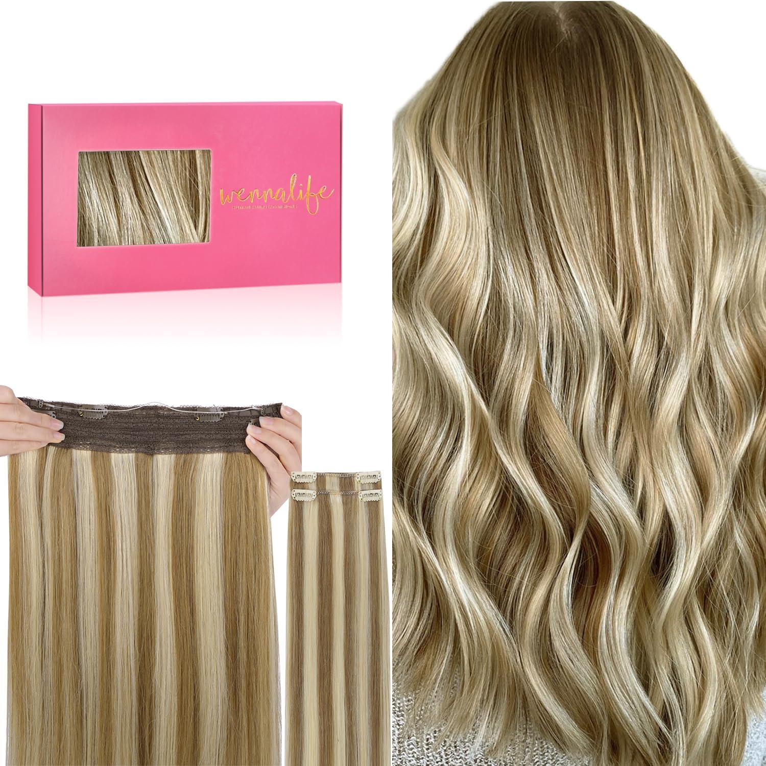 imageWENNALIFE Wire Hair Extensions Increase 50 Lifespan Real Human Hair 18 inch 95g Natural Black Chestnut Brown Remy Hair Extensions Invisible Transparent Wire Real8B60B Ash Brown with Platinum Blonde Highlights