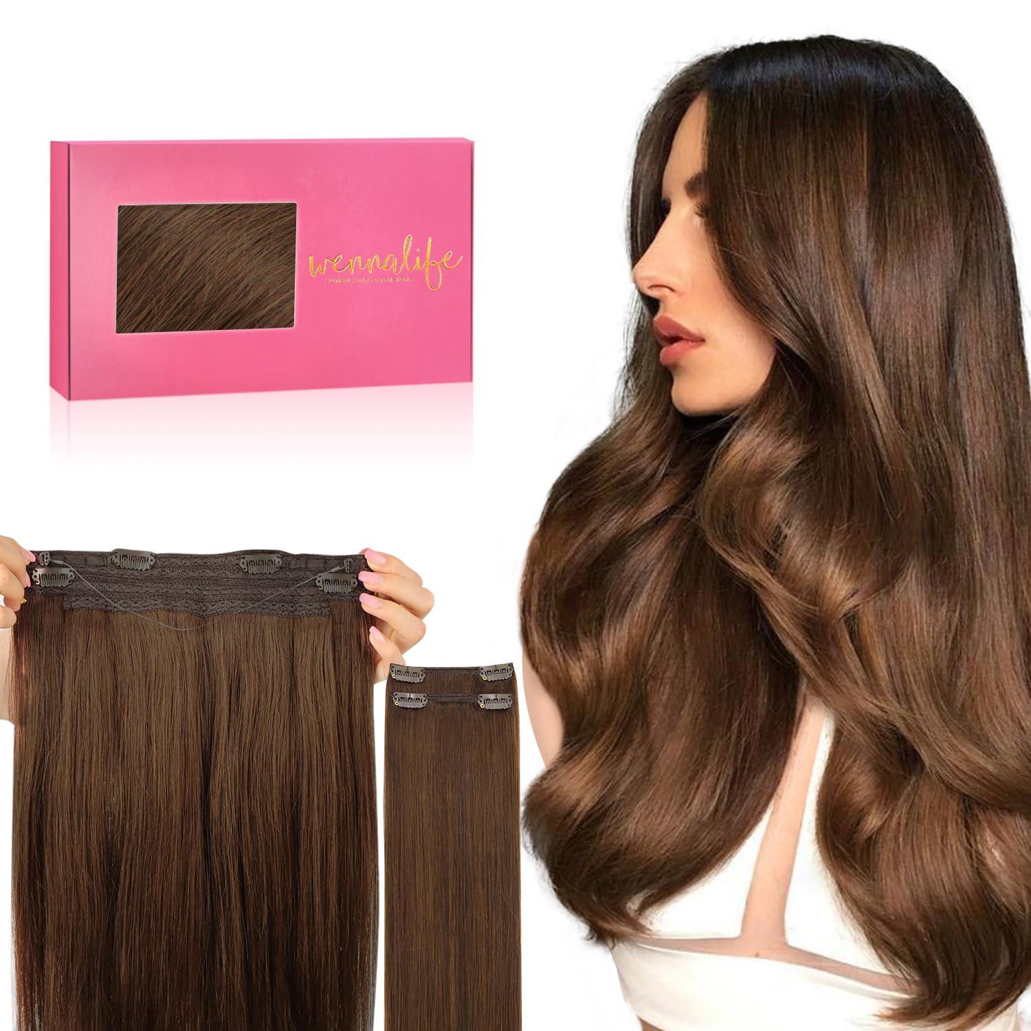 imageWENNALIFE Wire Hair Extensions Increase 50 Lifespan Real Human Hair 18 inch 95g Natural Black Chestnut Brown Remy Hair Extensions Invisible Transparent Wire Real4 Chocolate Brown