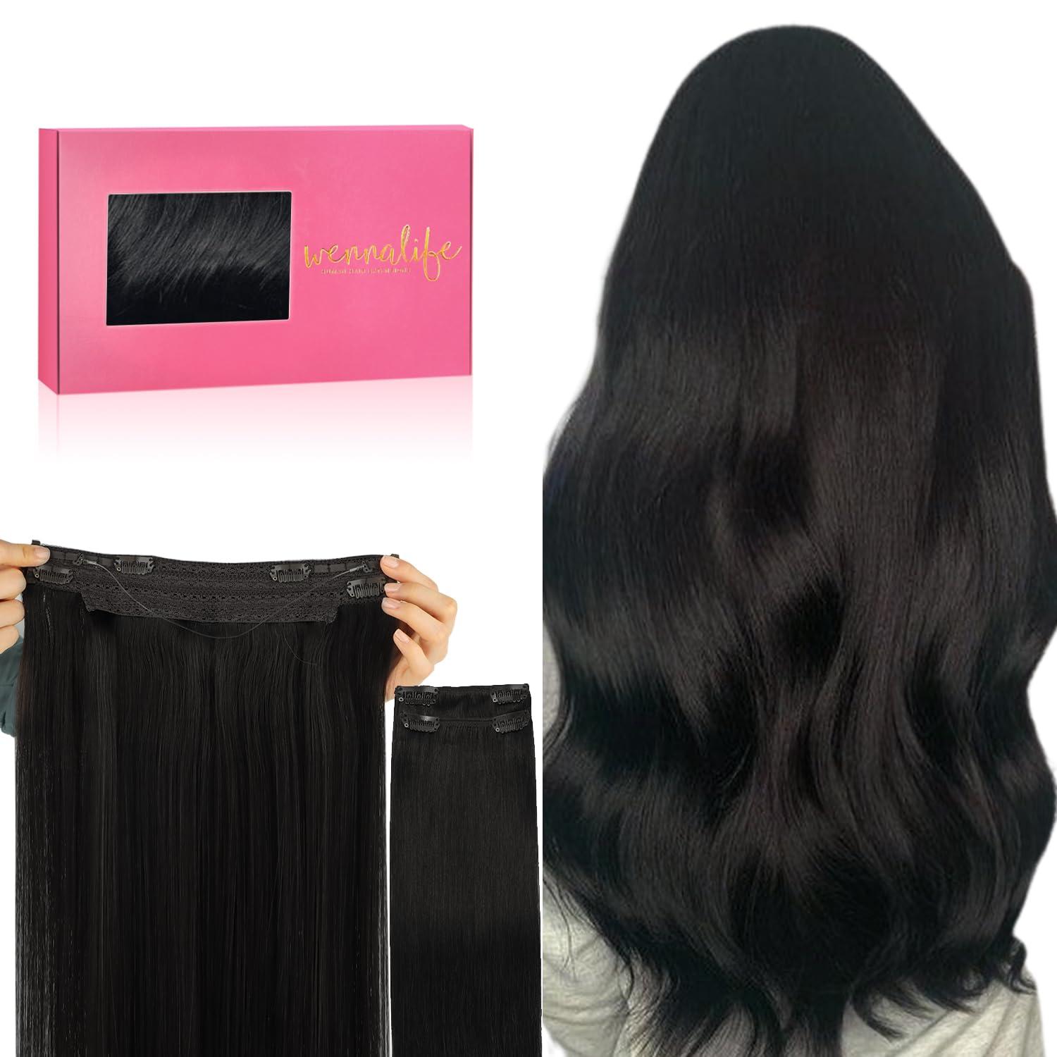 imageWENNALIFE Wire Hair Extensions Increase 50 Lifespan Real Human Hair 18 inch 95g Natural Black Chestnut Brown Remy Hair Extensions Invisible Transparent Wire Real1B Natural Black