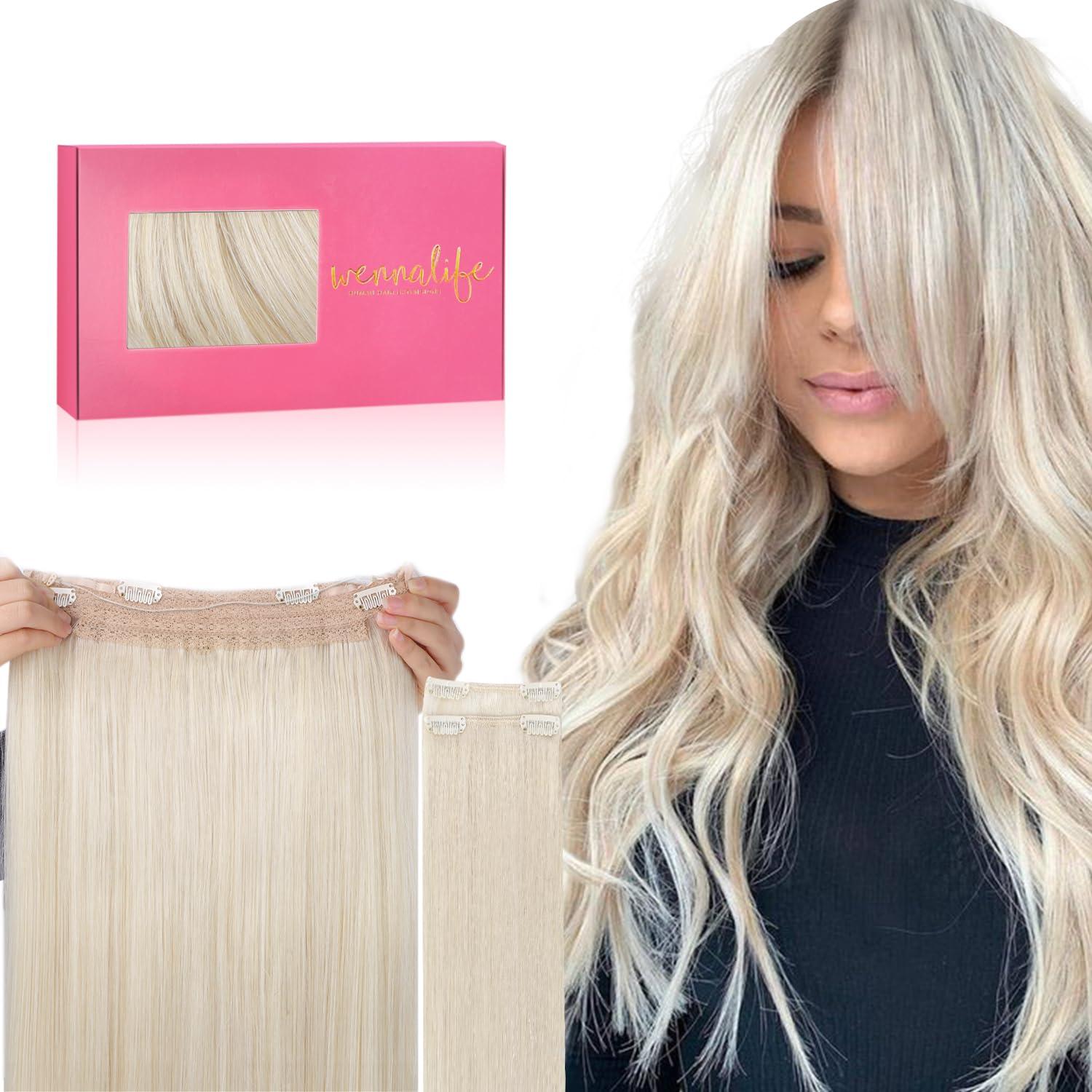 imageWENNALIFE Wire Hair Extensions Increase 50 Lifespan Real Human Hair 18 inch 95g Natural Black Chestnut Brown Remy Hair Extensions Invisible Transparent Wire Real60A Platinum Blonde