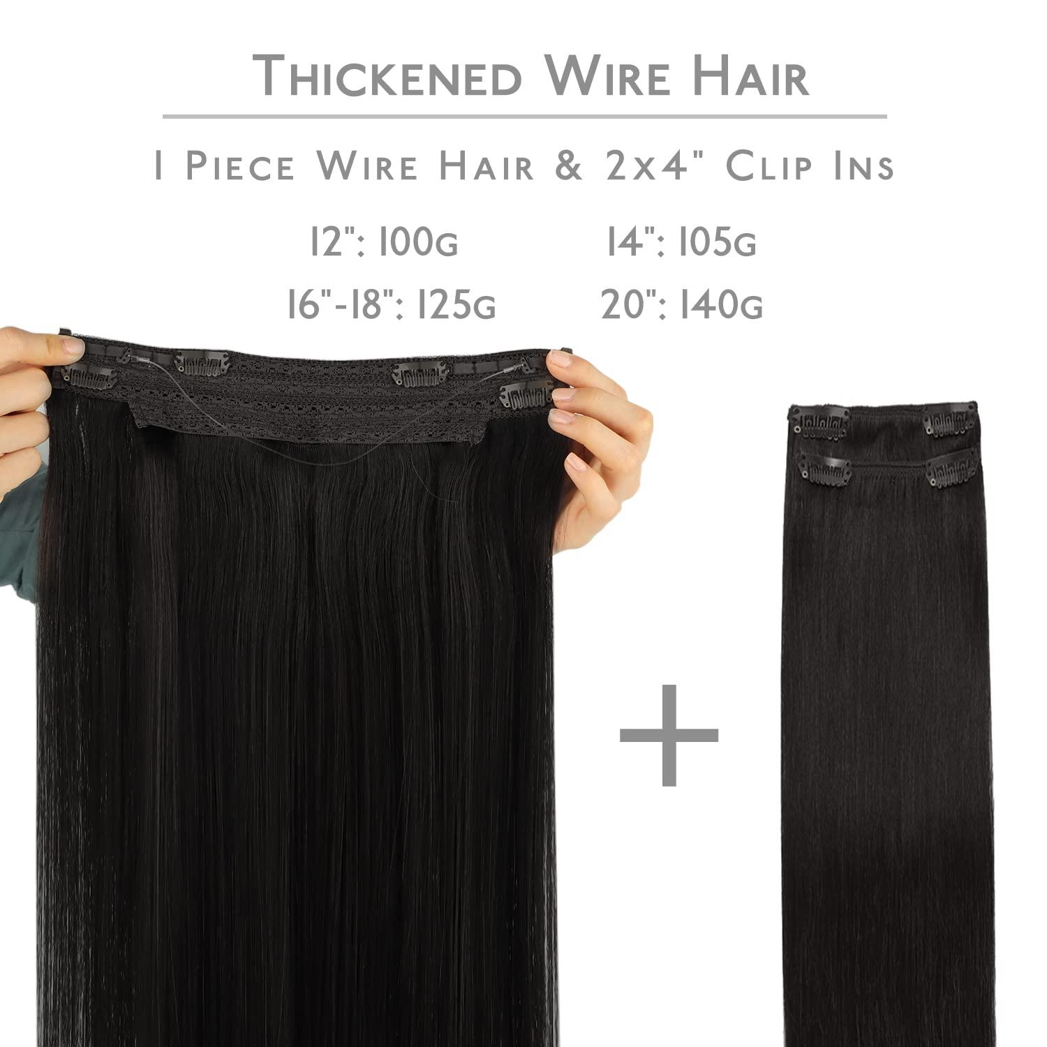 imageWENNALIFE Wire Hair Extensions Increase 50 Lifespan Real Human Hair 18 inch 95g Natural Black Chestnut Brown Remy Hair Extensions Invisible Transparent Wire Real1B Natural Black