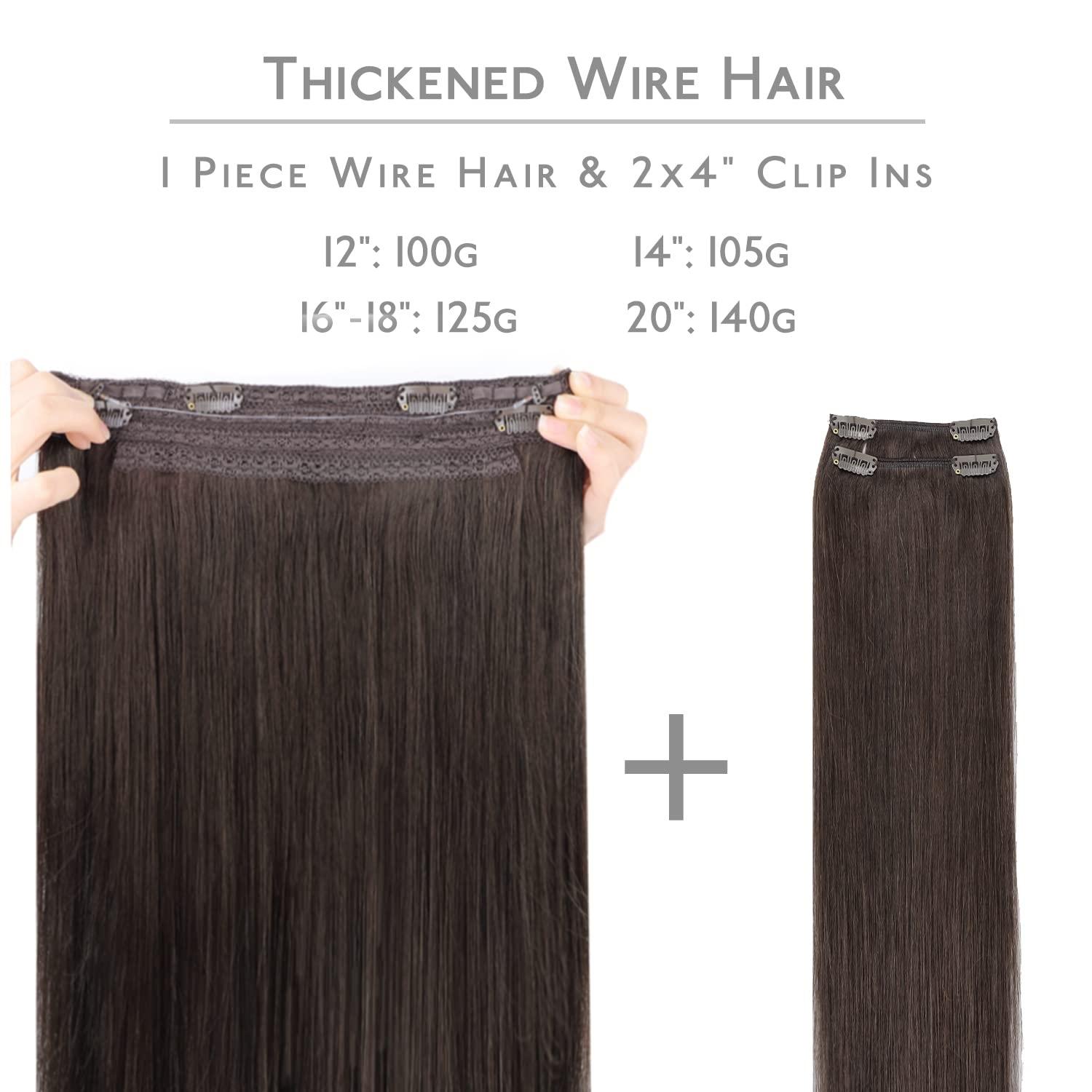imageWENNALIFE Wire Hair Extensions Increase 50 Lifespan Real Human Hair 18 inch 95g Natural Black Chestnut Brown Remy Hair Extensions Invisible Transparent Wire Real2A Light Dark Brown
