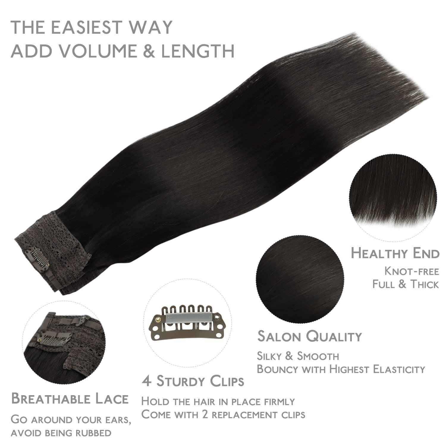 imageWENNALIFE Wire Hair Extensions Increase 50 Lifespan Real Human Hair 18 inch 95g Natural Black Chestnut Brown Remy Hair Extensions Invisible Transparent Wire Real1B Natural Black
