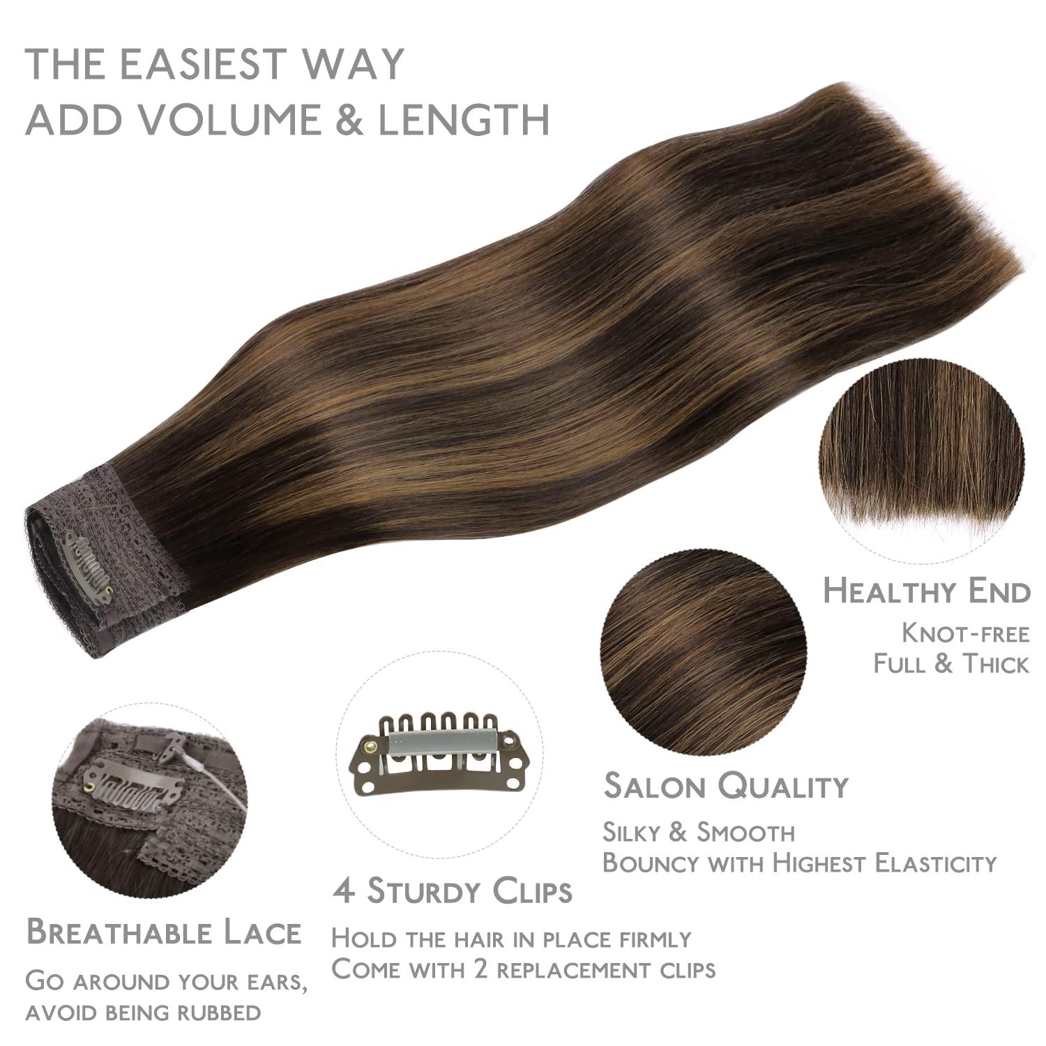 imageWENNALIFE Wire Hair Extensions Increase 50 Lifespan Real Human Hair 18 inch 95g Natural Black Chestnut Brown Remy Hair Extensions Invisible Transparent Wire Real262 Balayage Dark Brown Mixed Chestnut Brown