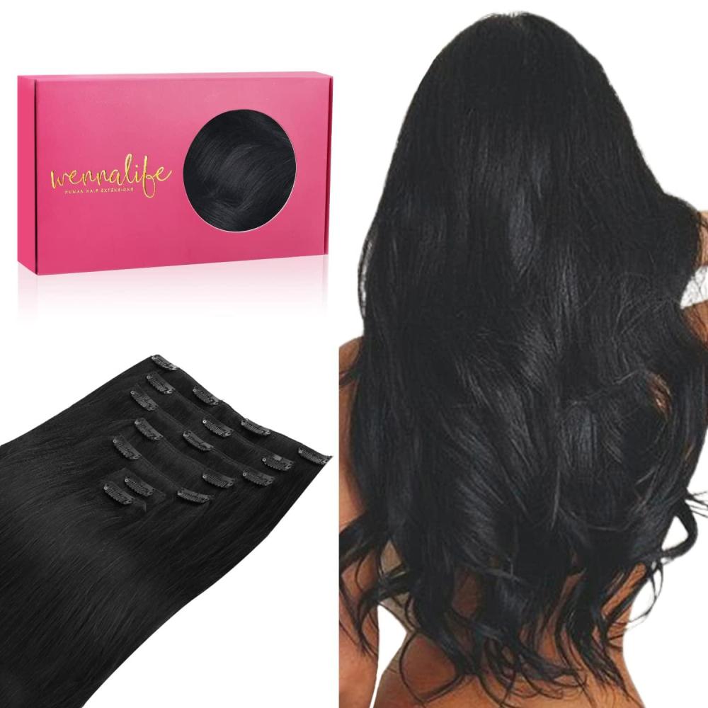 imageWENNALIFE Clip in Hair Extensions Real Human Hair 22 Inch 120g 7pcs Jet Black Hair Extensions Clip in Human Hair Remy Clip in Hair Extensions Natural Human Hair Extensions Double Weft