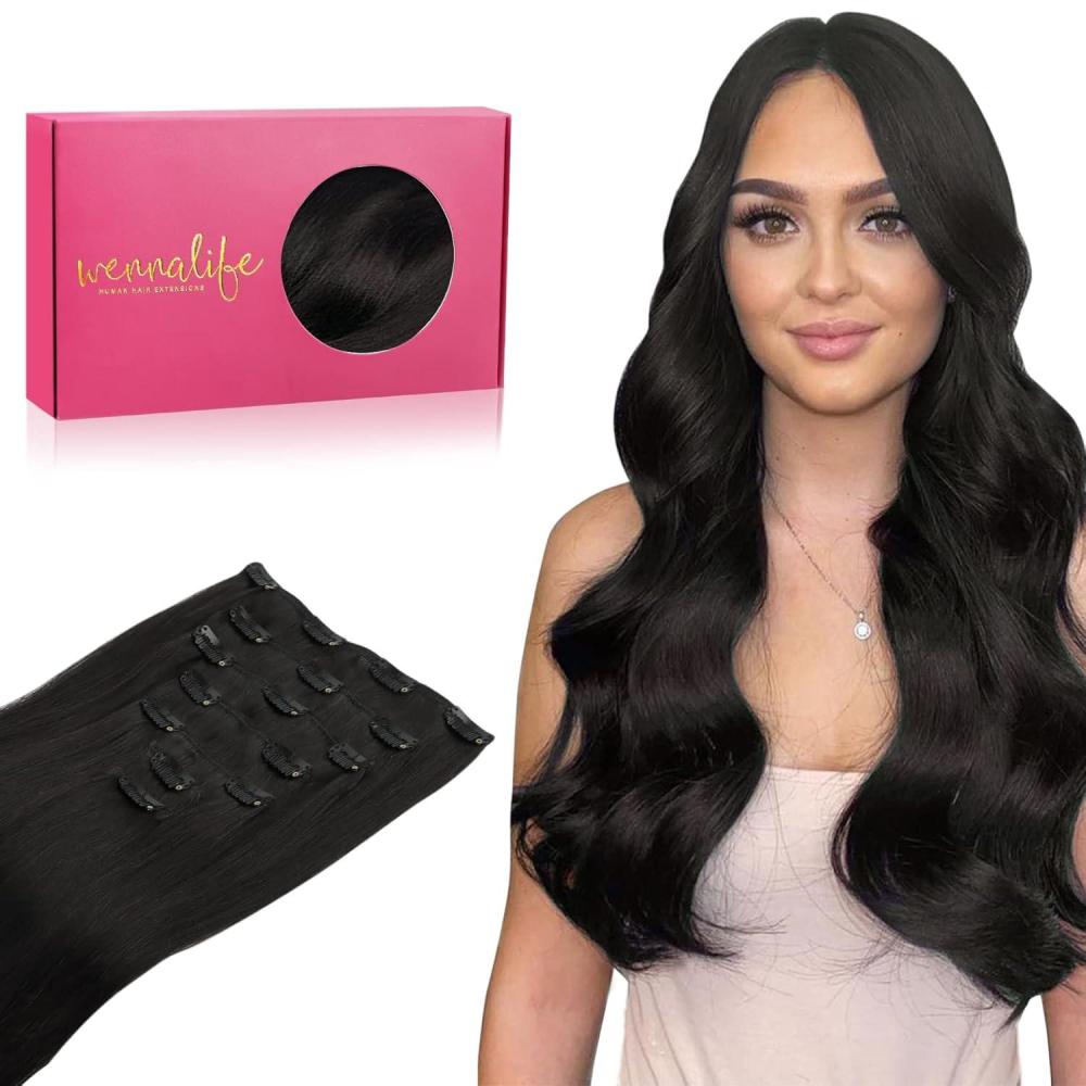 imageWENNALIFE Clip in Human Hair Extensions 20 Inch 120g 7pcs Natural Black Hair Extensions Clip In Human Hair Remy Clip in Hair Extensions Real Human Hair Double Weft