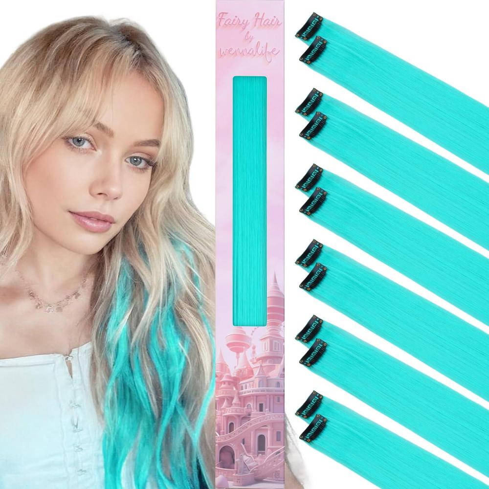 imageWENNALIFE Hair Tinsel Clip In for Girls Champagne 6pcs 24 inch Hair Tinsel Clips Tinsel Hair Extensions Clip in Colorful Glitter Tinsel Hair Clips Sparkle Fairy Hair Accessories for Kids12Teal