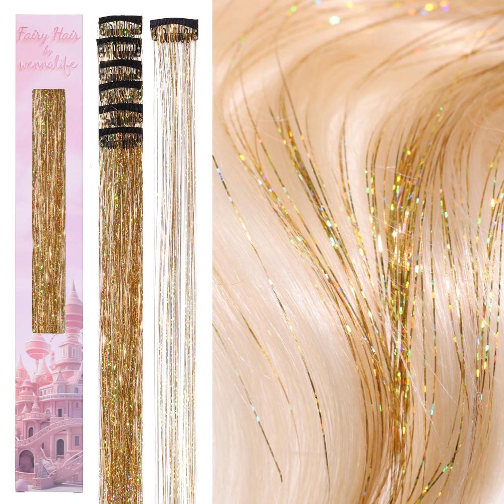 imageWENNALIFE Hair Tinsel Clip In for Girls Champagne 6pcs 24 inch Hair Tinsel Clips Tinsel Hair Extensions Clip in Colorful Glitter Tinsel Hair Clips Sparkle Fairy Hair Accessories for KidsCGold
