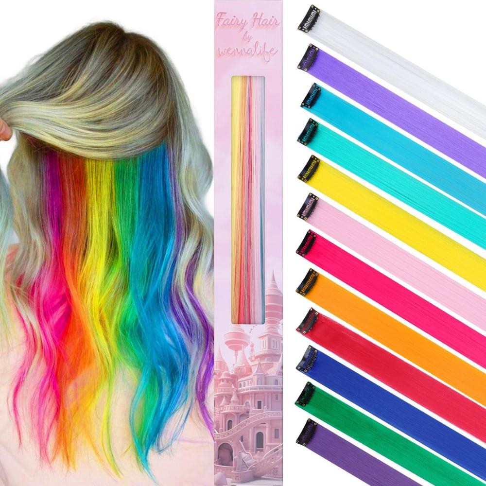 imageWENNALIFE Hair Tinsel Clip In for Girls Champagne 6pcs 24 inch Hair Tinsel Clips Tinsel Hair Extensions Clip in Colorful Glitter Tinsel Hair Clips Sparkle Fairy Hair Accessories for Kids12Rainbow
