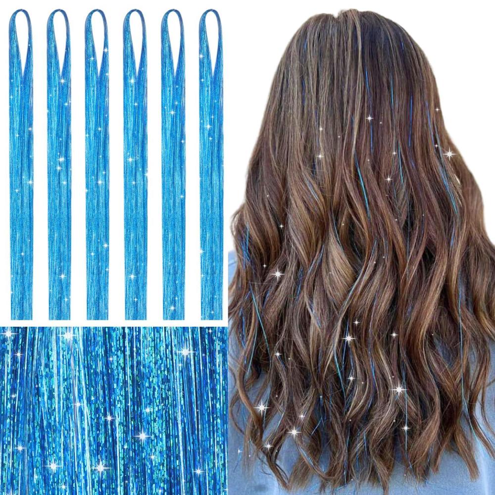 imageWENNALIFE Hair Tinsel Clip In for Girls Champagne 6pcs 24 inch Hair Tinsel Clips Tinsel Hair Extensions Clip in Colorful Glitter Tinsel Hair Clips Sparkle Fairy Hair Accessories for KidsTSky Blue