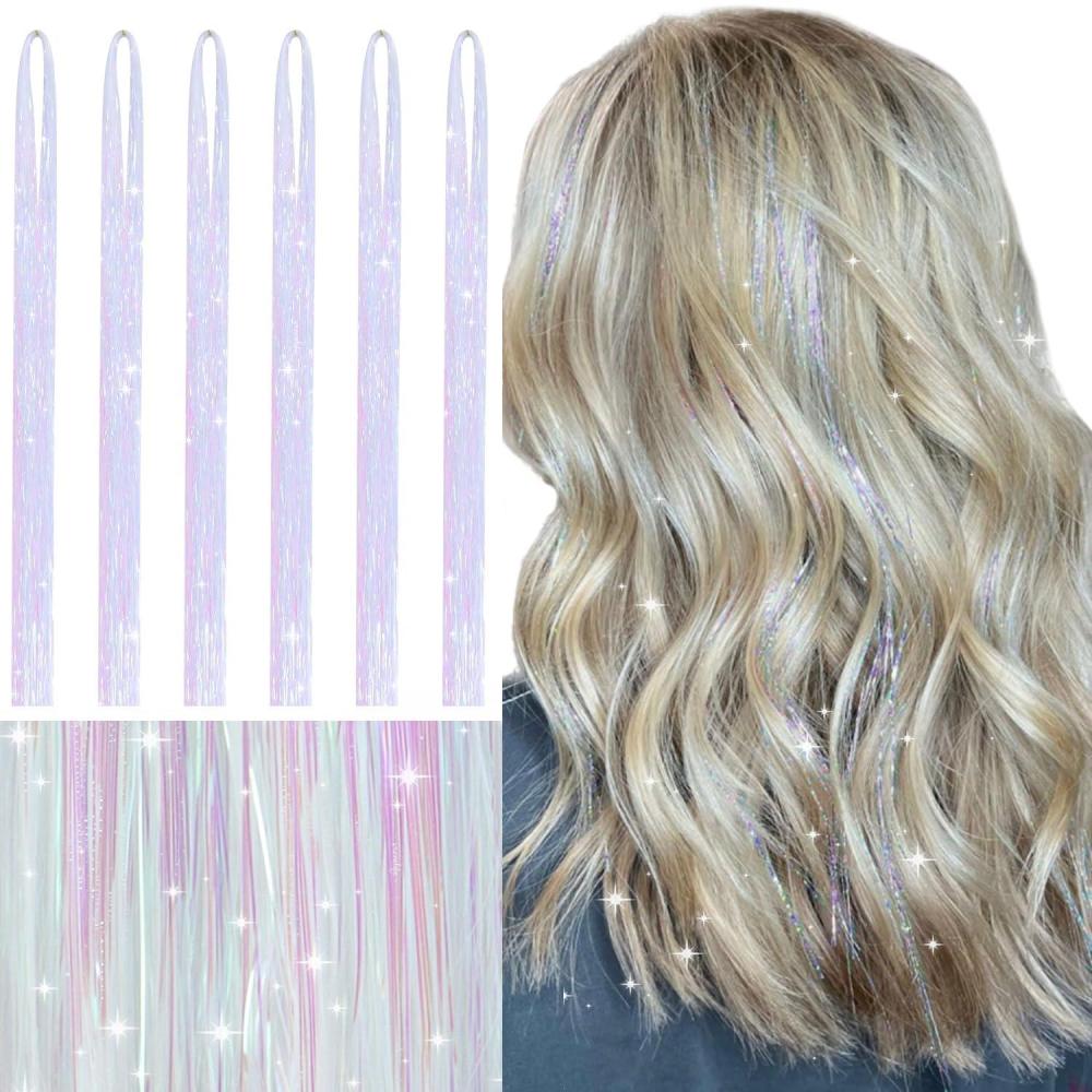 imageWENNALIFE Hair Tinsel Clip In for Girls Champagne 6pcs 24 inch Hair Tinsel Clips Tinsel Hair Extensions Clip in Colorful Glitter Tinsel Hair Clips Sparkle Fairy Hair Accessories for KidsTBright White