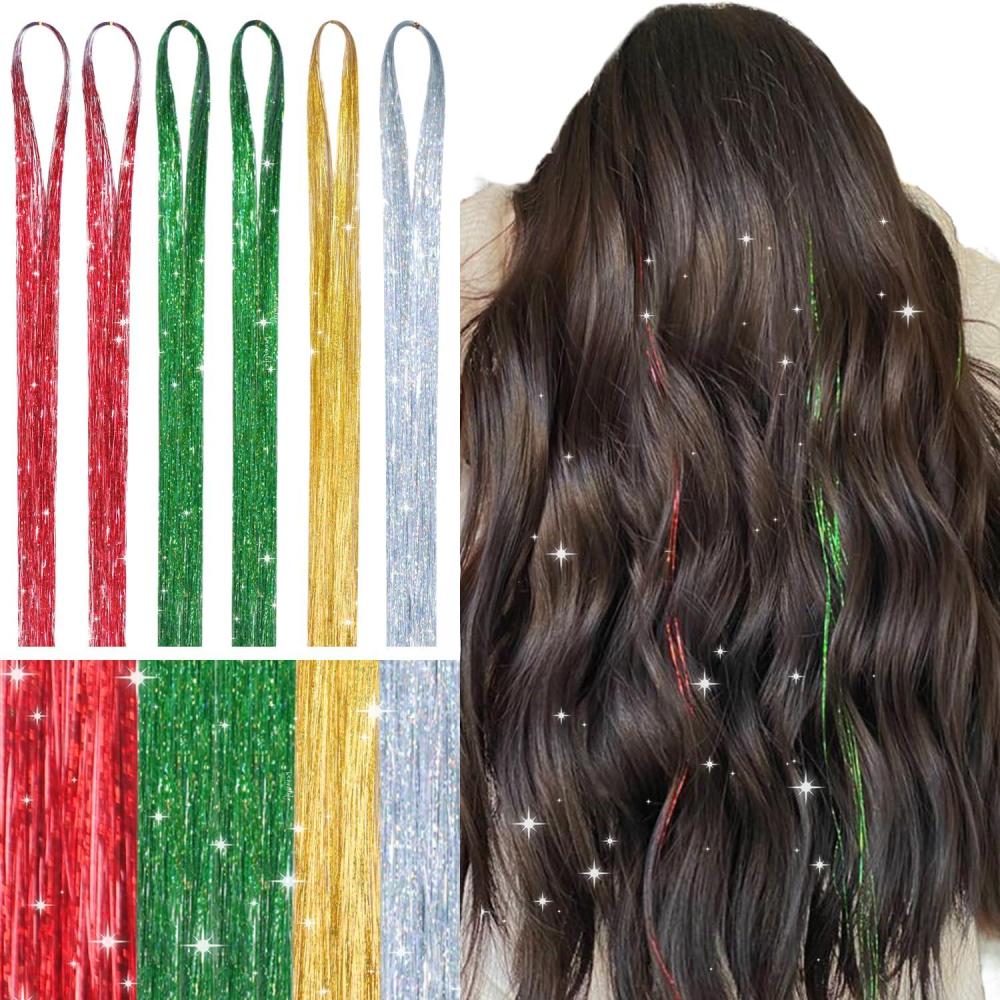 imageWENNALIFE Hair Tinsel Clip In for Girls Champagne 6pcs 24 inch Hair Tinsel Clips Tinsel Hair Extensions Clip in Colorful Glitter Tinsel Hair Clips Sparkle Fairy Hair Accessories for KidsTXmas
