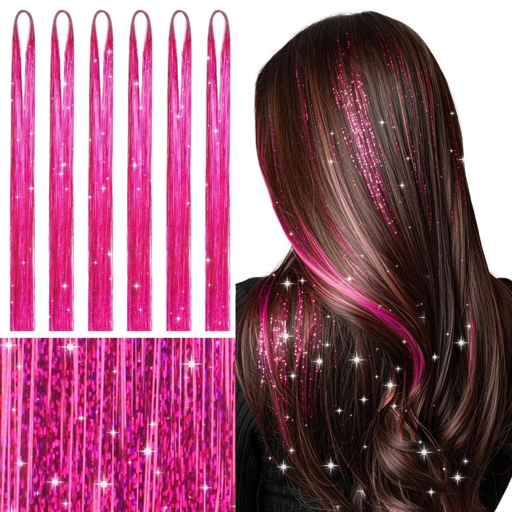 imageWENNALIFE Hair Tinsel Clip In for Girls Champagne 6pcs 24 inch Hair Tinsel Clips Tinsel Hair Extensions Clip in Colorful Glitter Tinsel Hair Clips Sparkle Fairy Hair Accessories for KidsTRose Red
