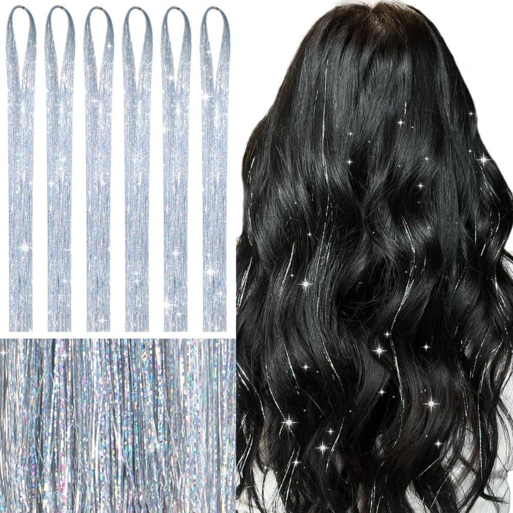 imageWENNALIFE Hair Tinsel Clip In for Girls Champagne 6pcs 24 inch Hair Tinsel Clips Tinsel Hair Extensions Clip in Colorful Glitter Tinsel Hair Clips Sparkle Fairy Hair Accessories for KidsTSilver