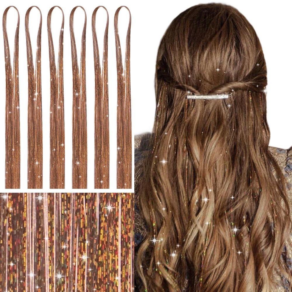 imageWENNALIFE Hair Tinsel Clip In for Girls Champagne 6pcs 24 inch Hair Tinsel Clips Tinsel Hair Extensions Clip in Colorful Glitter Tinsel Hair Clips Sparkle Fairy Hair Accessories for KidsTGolden Brown