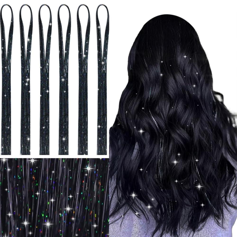 imageWENNALIFE Hair Tinsel Clip In for Girls Champagne 6pcs 24 inch Hair Tinsel Clips Tinsel Hair Extensions Clip in Colorful Glitter Tinsel Hair Clips Sparkle Fairy Hair Accessories for KidsTBlack