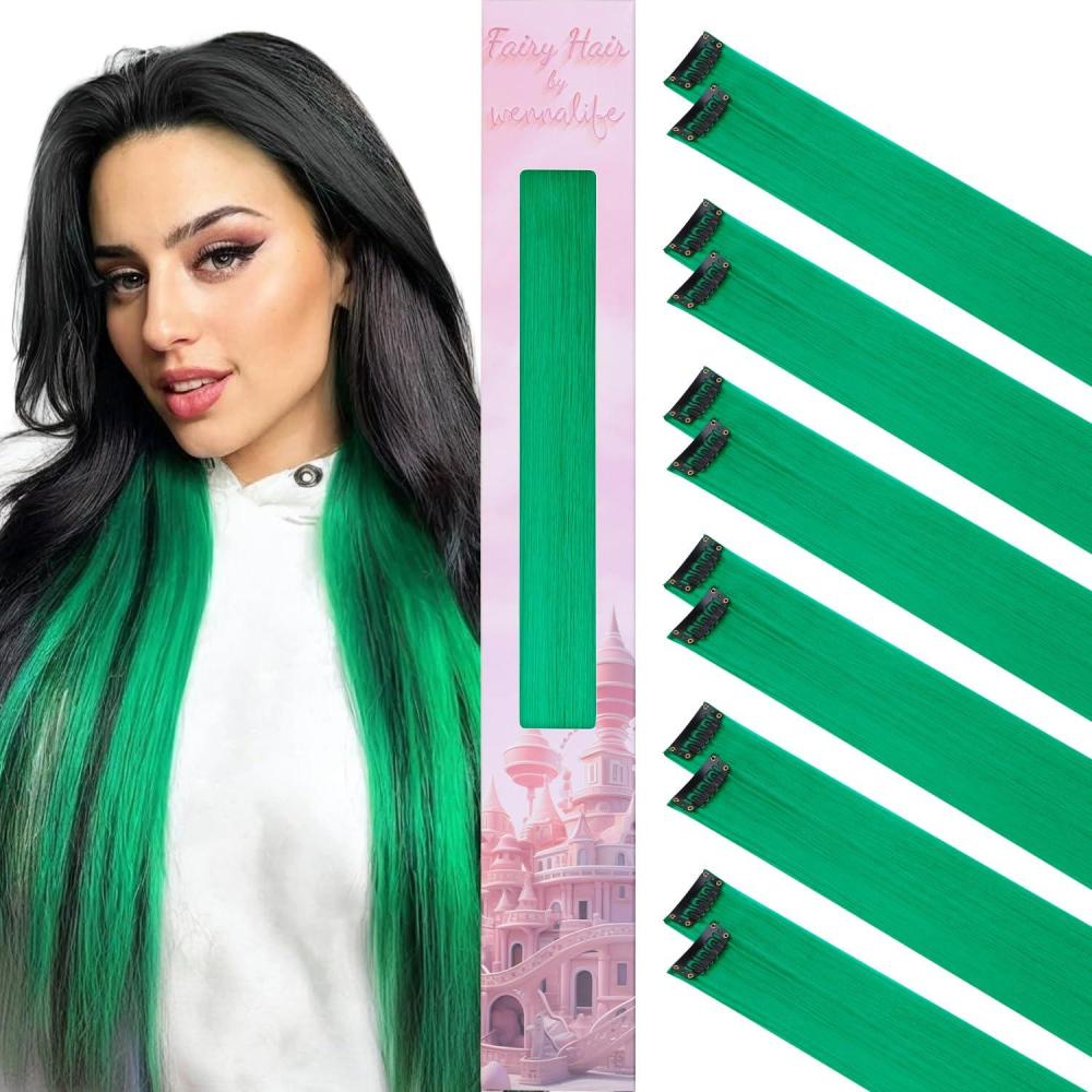 imageWENNALIFE Hair Tinsel Clip In for Girls Champagne 6pcs 24 inch Hair Tinsel Clips Tinsel Hair Extensions Clip in Colorful Glitter Tinsel Hair Clips Sparkle Fairy Hair Accessories for Kids12Green