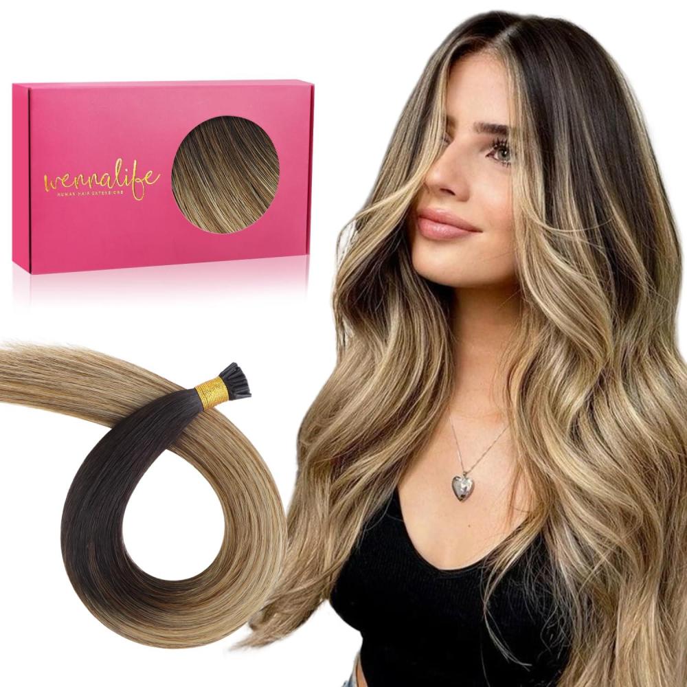 imageWENNALIFE I Tip Hair Extensions Human Hair 50g 100s 14 Inch Auburn Ginger Remy Itip Human Hair Extensions Invisible Itips Straight I Tips Fusion Extensions Real Human HairI2618 Dark Brown to Chestnut Brown and Dirty Blonde Highlighted