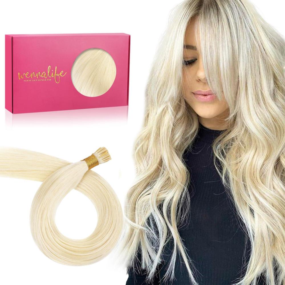 imageWENNALIFE I Tip Hair Extensions Human Hair 50g 50s 18 Inch Dark Brown Remy Itip Human Hair Extensions Invisible Itips Straight I Tips Fusion Extensions Real Human HairI60A Platinum Blonde