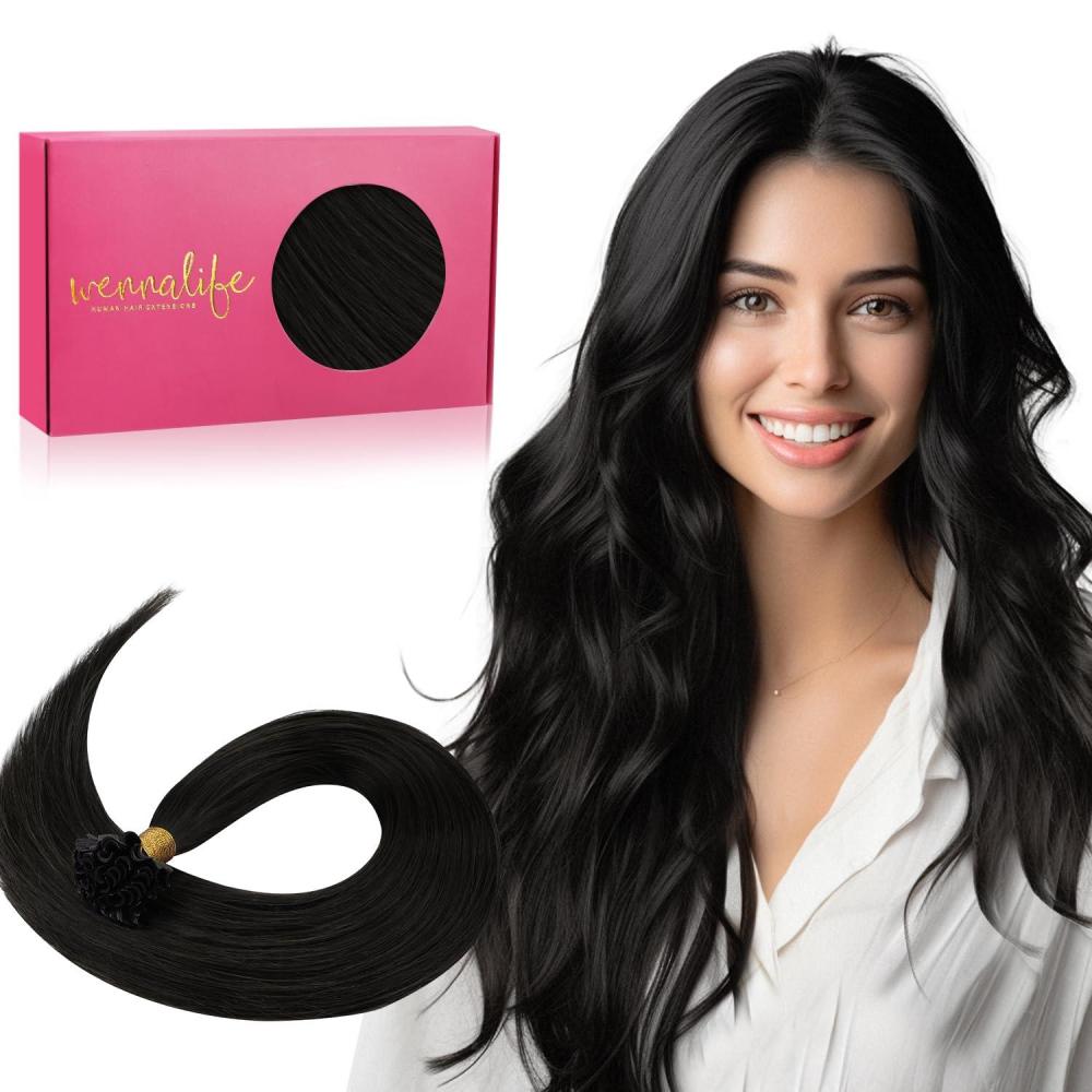imageWENNALIFE I Tip Hair Extensions Human Hair 50g 50s 18 Inch Dark Brown Remy Itip Human Hair Extensions Invisible Itips Straight I Tips Fusion Extensions Real Human HairU1B Natural Black