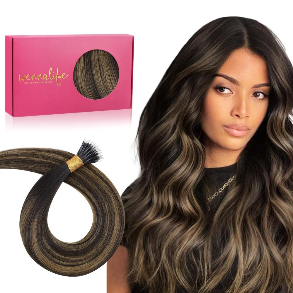 imageWENNALIFE I Tip Hair Extensions Human Hair 50g 50s 18 Inch Platinum Blonde Remy Itip Human Hair Extensions Invisible Itips Straight I Tips Fusion Extensions Real Human HairN262 Balayage Dark Brown Mixed Chestnut Brown