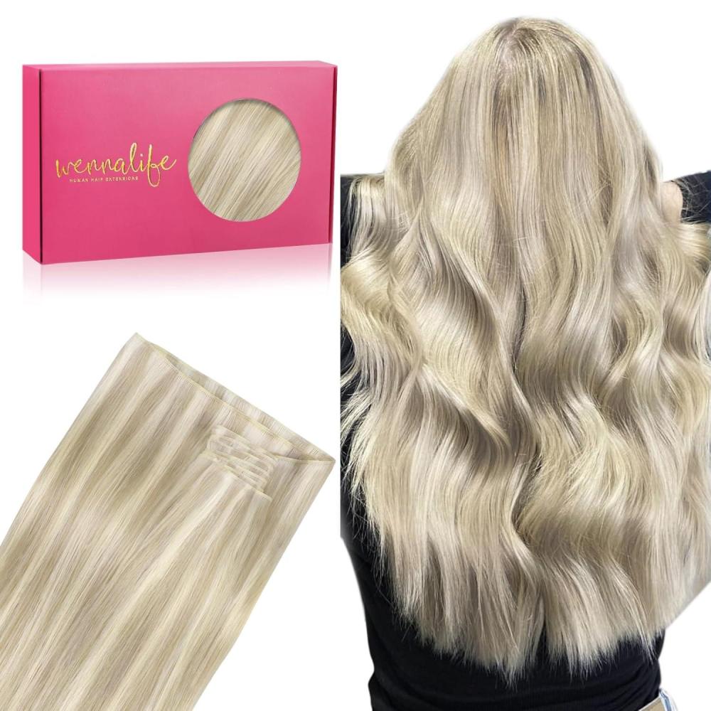 imageWENNALIFE Sew in Hair Extensions Real Human Hair 18 Inch 90g Natural Black Machine Weft Remy Hair Hand Tied Weft Straight Extensiones De Cabello HmanoGe17A60A Ash Blonde Highlighted Platinum Blonde