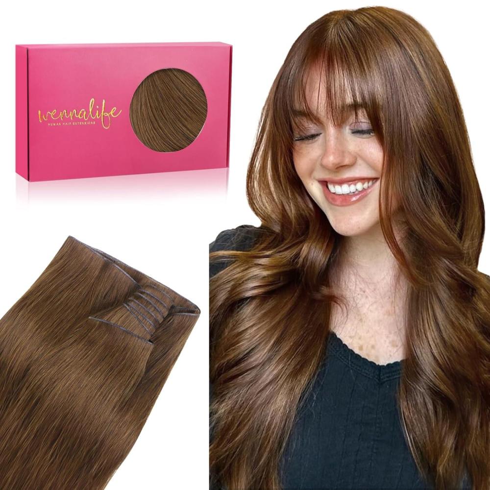 imageWENNALIFE Sew in Hair Extensions Real Human Hair 18 Inch 90g Natural Black Machine Weft Remy Hair Hand Tied Weft Straight Extensiones De Cabello HmanoGe5R Light Auburn Brown