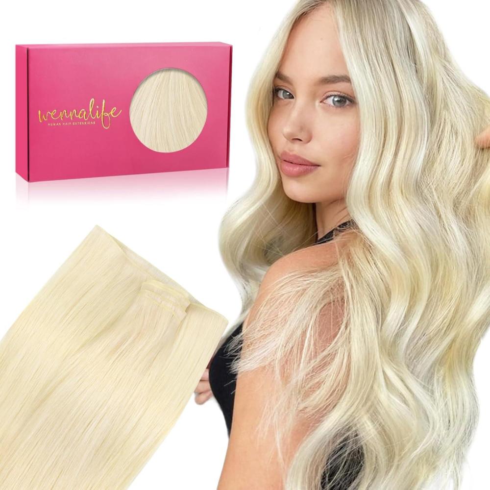 imageWENNALIFE Sew in Hair Extensions Real Human Hair 18 Inch 90g Natural Black Machine Weft Remy Hair Hand Tied Weft Straight Extensiones De Cabello HmanoGe60A Platinum Blonde