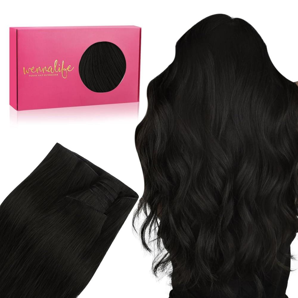 imageWENNALIFE Sew in Hair Extensions Real Human Hair 18 Inch 90g Natural Black Machine Weft Remy Hair Hand Tied Weft Straight Extensiones De Cabello HmanoGe1B Natural Black