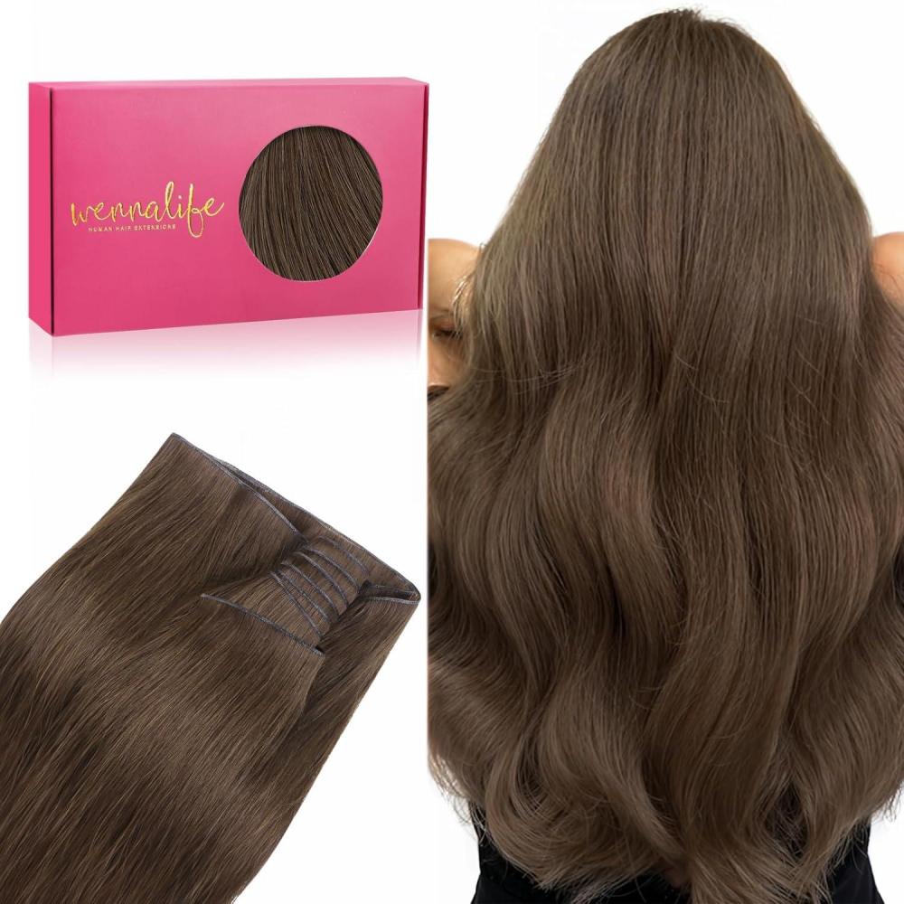 imageWENNALIFE Sew in Hair Extensions Real Human Hair 18 Inch 90g Natural Black Machine Weft Remy Hair Hand Tied Weft Straight Extensiones De Cabello HmanoGe5 Light Ash Brown