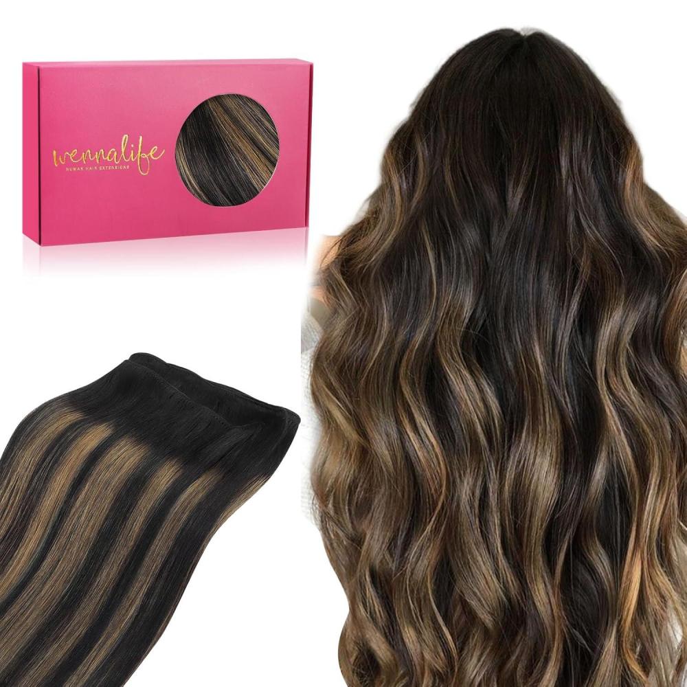 imageWENNALIFE Sew in Hair Extensions Real Human Hair 18 Inch 90g Natural Black Machine Weft Remy Hair Hand Tied Weft Straight Extensiones De Cabello Hmano1B61B Balayage Natural Black to Chestnut Brown
