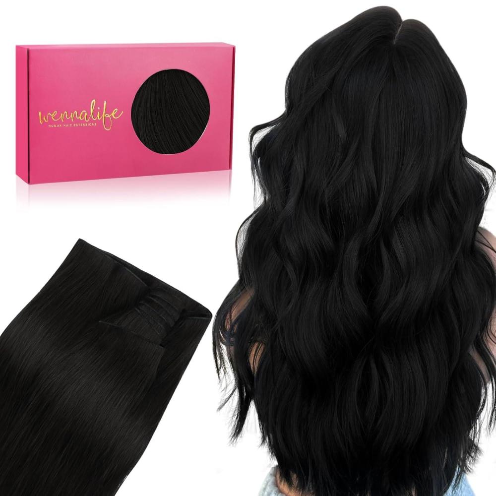 imageWENNALIFE Sew in Hair Extensions Real Human Hair 18 Inch 90g Natural Black Machine Weft Remy Hair Hand Tied Weft Straight Extensiones De Cabello HmanoGe1 Jet Black