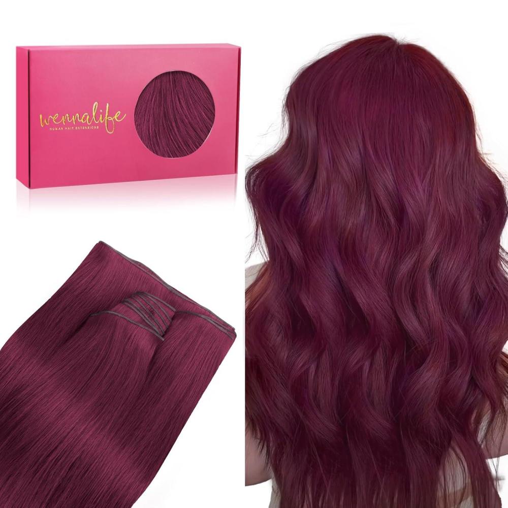 imageWENNALIFE Sew in Hair Extensions Real Human Hair 18 Inch 90g Natural Black Machine Weft Remy Hair Hand Tied Weft Straight Extensiones De Cabello HmanoGe530 Light Burgundy