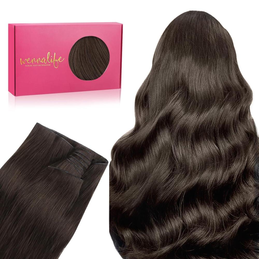 imageWENNALIFE Sew in Hair Extensions Real Human Hair 18 Inch 90g Natural Black Machine Weft Remy Hair Hand Tied Weft Straight Extensiones De Cabello HmanoGe2A Light Dark Brown