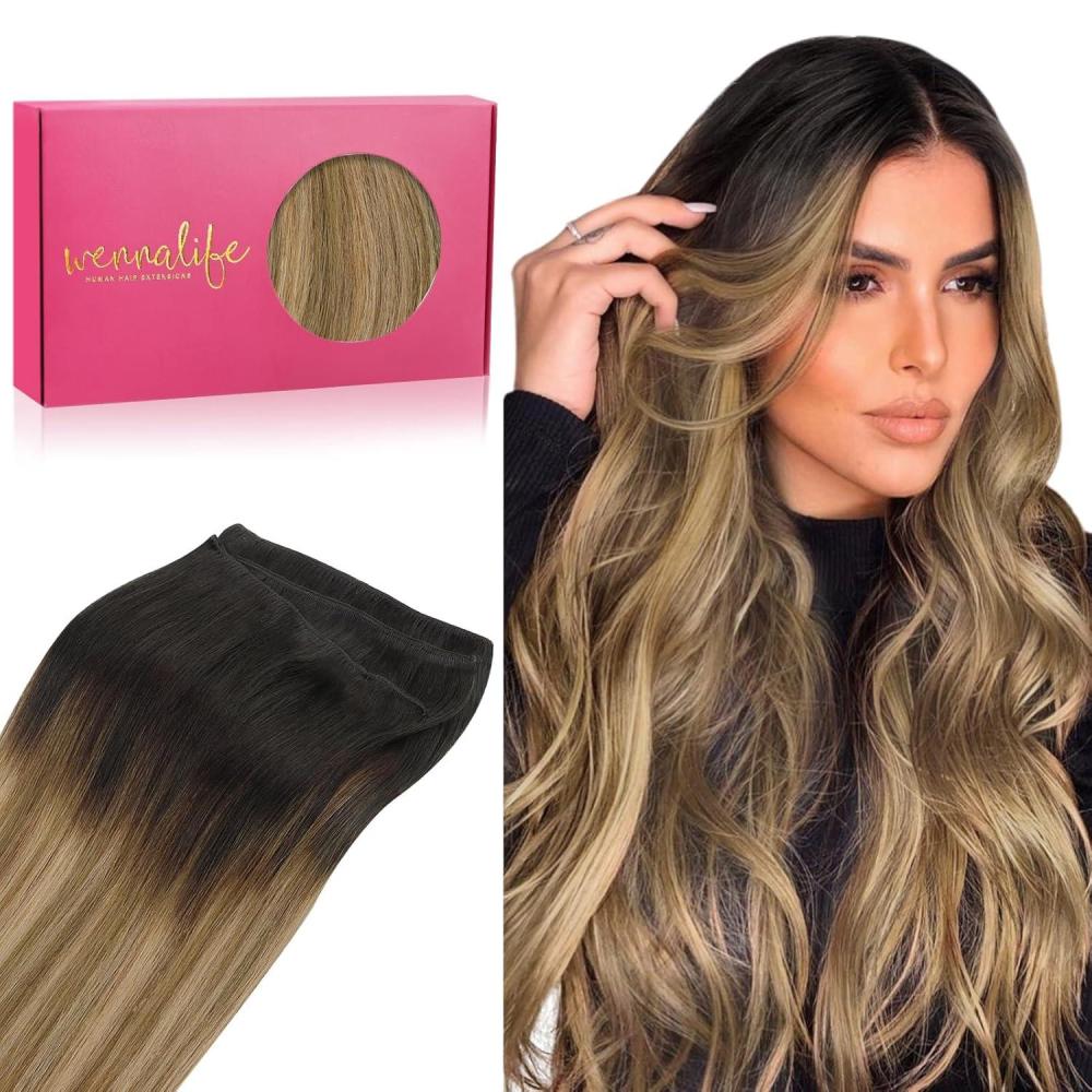 imageWENNALIFE Sew in Hair Extensions Real Human Hair 18 Inch 90g Natural Black Machine Weft Remy Hair Hand Tied Weft Straight Extensiones De Cabello Hmano2618 Dark Brown to Chestnut Brown and Dirty Blonde Highlighted