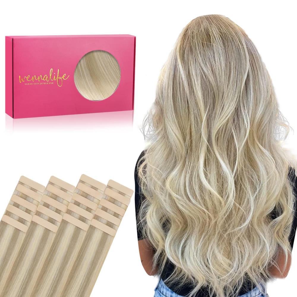 imageWENNALIFE Tape in Hair Extensions Human Hair 20pcs 16 inch 50g Ash Blonde to Golden Blonde and Platinum Blonde Remy Tape Hair Extensions Real Human Hair Tape Extensions Coloured Hair Extensions