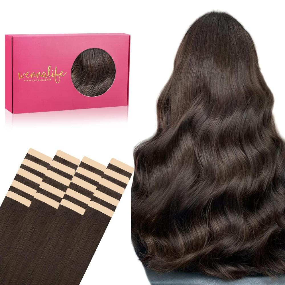 imageWENNALIFE Tape in Hair Extensions Human Hair 20pcs 50g 16 inch Light Dark Brown Remy Hair Extensions Straight Human Hair Tape in Extensions Skin Weft Tape Extensions Human Hair