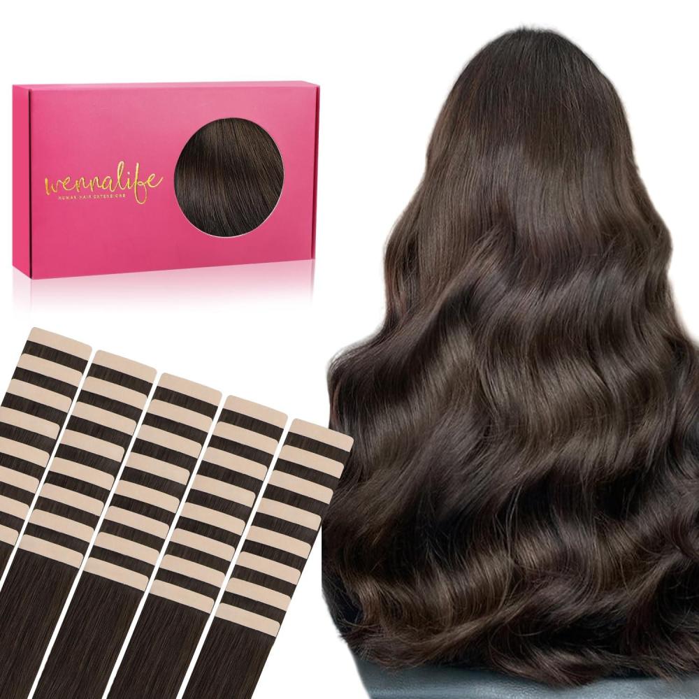 imageWENNALIFE Tape in Hair Extensions Human Hair 40pcs 100g 18 inch Light Dark Brown Hair Extensions Real Human Hair Straight Tape in Extensions Invisible Human Hair Extensions Real Hair Extensions